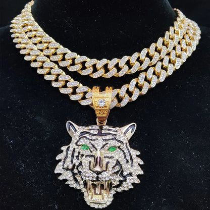 3D Tiger Pendant Necklace - Iced Out Crystal Cuban Chain Hip Hop Jewelry for Men & Women