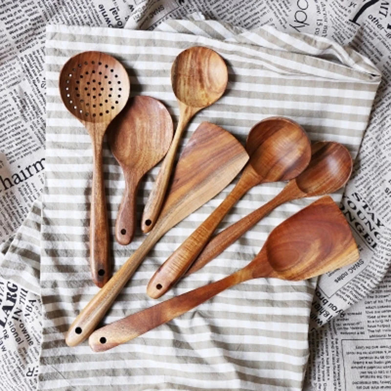 1-7pcs Teak Wood Tableware Set – Natural Wooden Spoons, Colander Spoon & Soup Skimmer Cooking Tool Kit