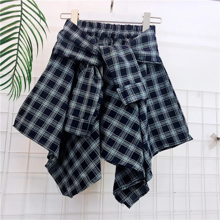 TOTRUST Women’s Fashion Asymmetrical Summer Plaid Mini Skirt – Casual College Style Fake Shirt Design