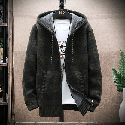 Men's Winter Plaid Hooded Cardigan – Warm Wool Fleece Zipper Jacket Knit Sweater Coat