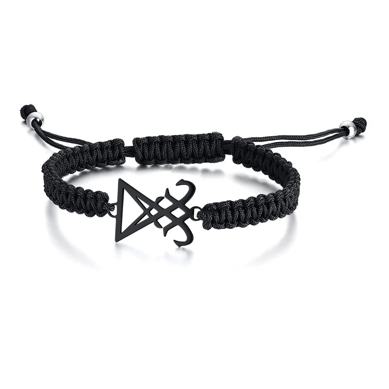Lucifer Seal Charm Bracelet - Handmade Black Braided Adjustable Wave Wrist Jewelry for Men