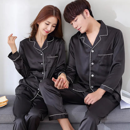 Solid Color Silk Satin Pajama Set – Long Button-Down Sleepwear for Couples, Women & Men Loungewear Plus Size