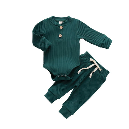 Unisex Baby 2-Piece Outfit Set - Long-Sleeve Ribbed or Plaid Bodysuit with Elastic Pants for Spring & Autumn