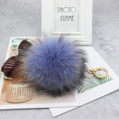 Luxury 15cm Fluffy Real Raccoon Fur Pom Pom Keychain – High-Quality Metal Ring Pendant for Women