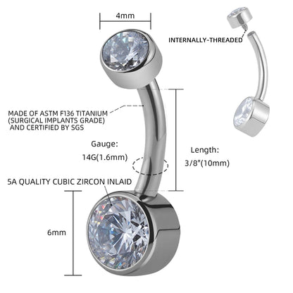Right Grand ASTM F136 Titanium Belly Button Ring - 14G Internally Threaded Navel Piercing with Clear Zircon Bezel Body Jewelry