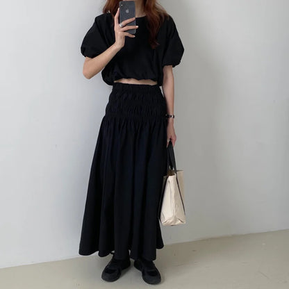 Oversized Summer Women’s 2-Piece Skirt Set – Puff Sleeve Crop Top & Pleated A-Line Long Skirt