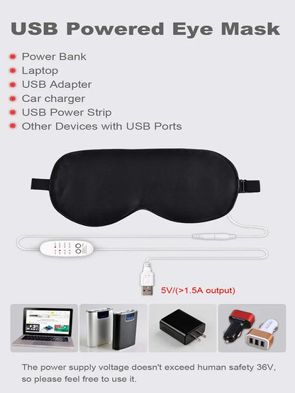 USB Heated Silk Eye Mask - Reusable Eye Massager for Sleeping, Puffiness, and Dark Circles - Eye Care with USB Heating
