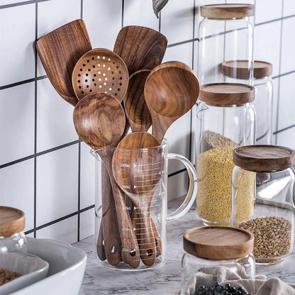 1-7pcs Teak Wood Tableware Set – Natural Wooden Spoons, Colander Spoon & Soup Skimmer Cooking Tool Kit