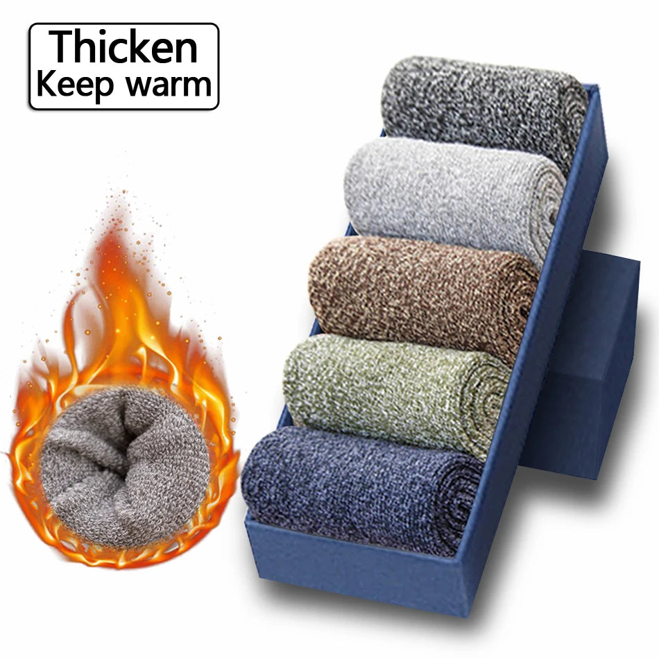 5 Pairs Thick Wool Socks for Men - High-Quality Thermal Cotton Winter Socks, Christmas Gift Size 38-45
