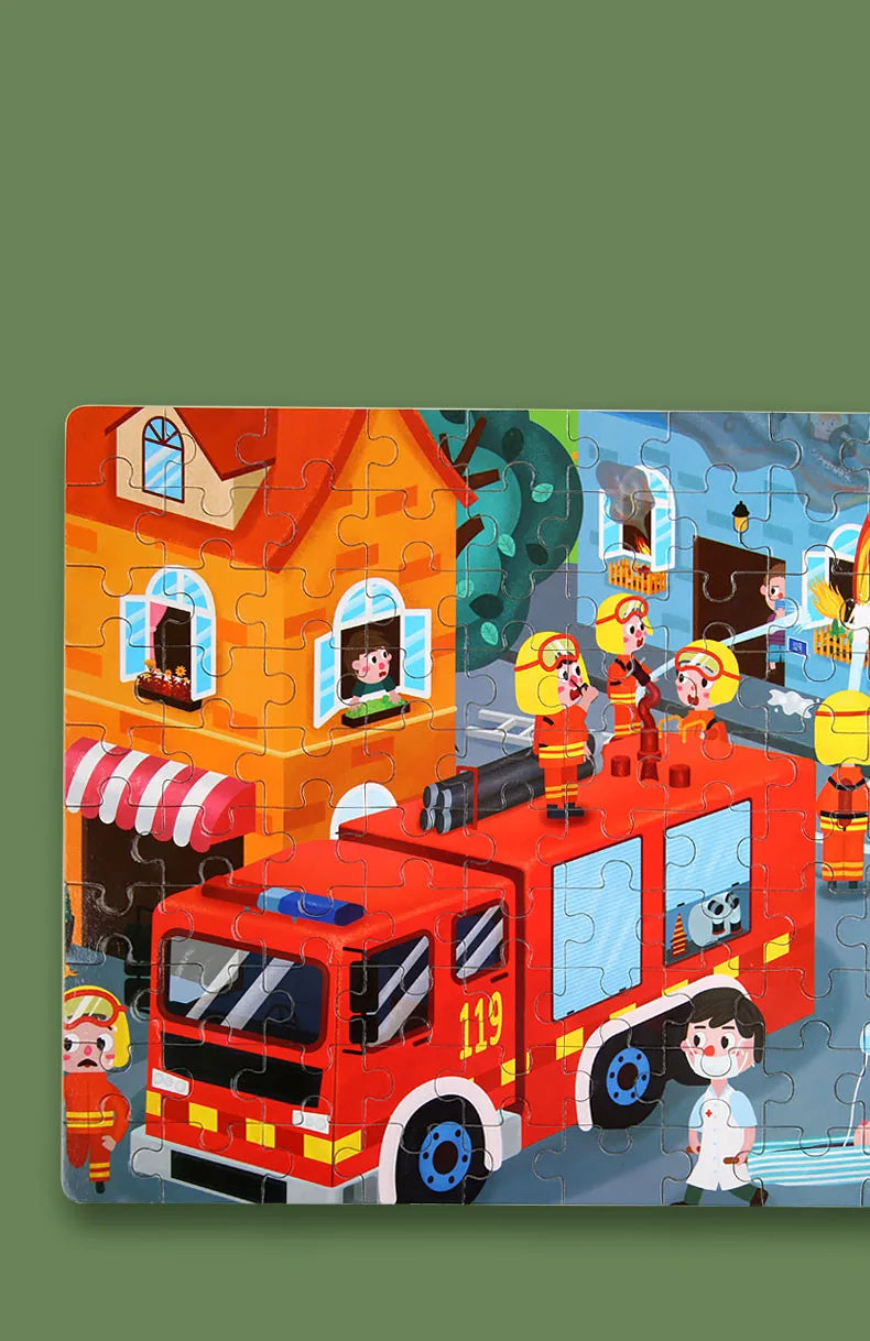 100PCS Kids Wooden Puzzle Set – Cartoon Animal & Vehicle Jigsaw Toys for Early Learning & Parent-Child Play