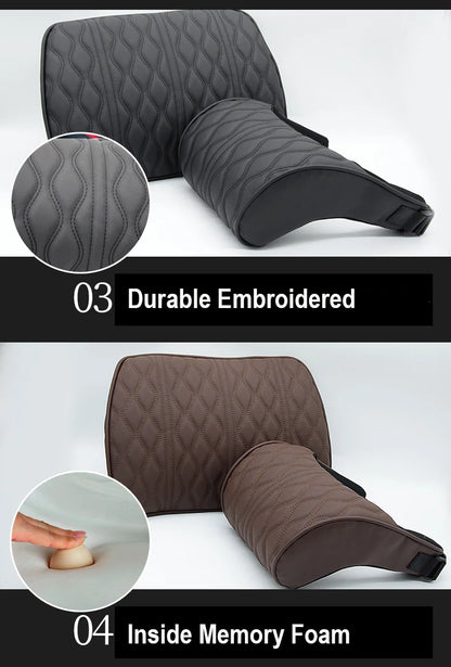 Car Neck & Lumbar Pillow – PU Leather Memory Foam Seat Headrest & Backrest Cushion