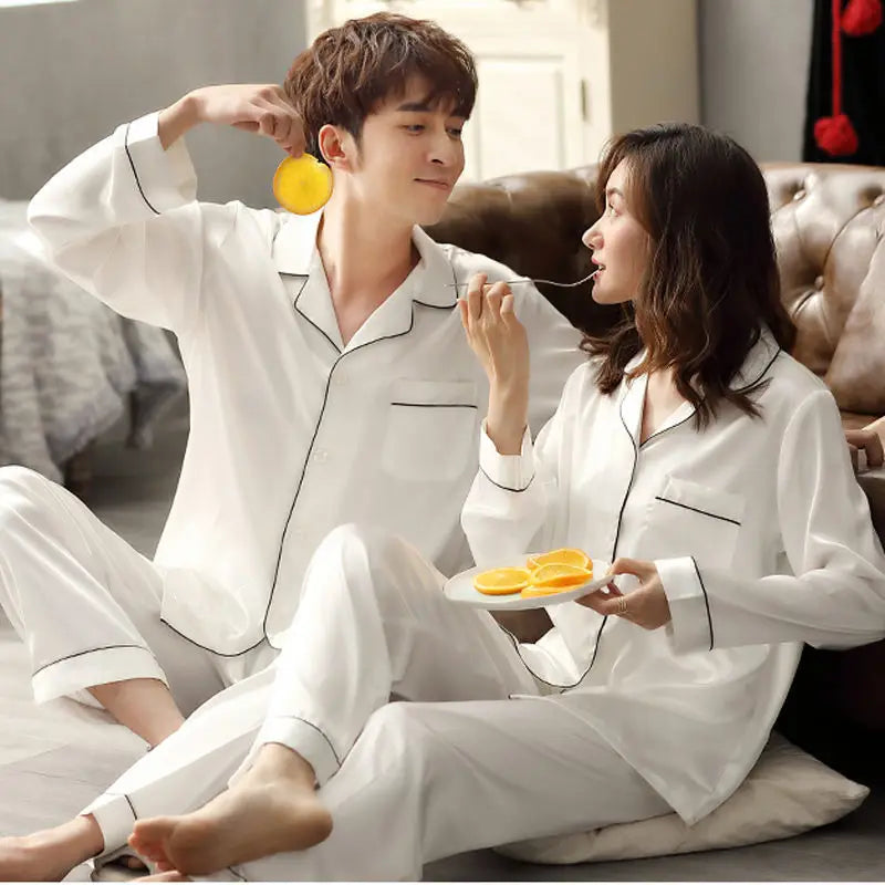 Solid Color Silk Satin Pajama Set – Long Button-Down Sleepwear for Couples, Women & Men Loungewear Plus Size