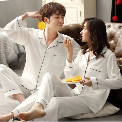 Solid Color Silk Satin Pajama Set – Long Button-Down Sleepwear for Couples, Women & Men Loungewear Plus Size