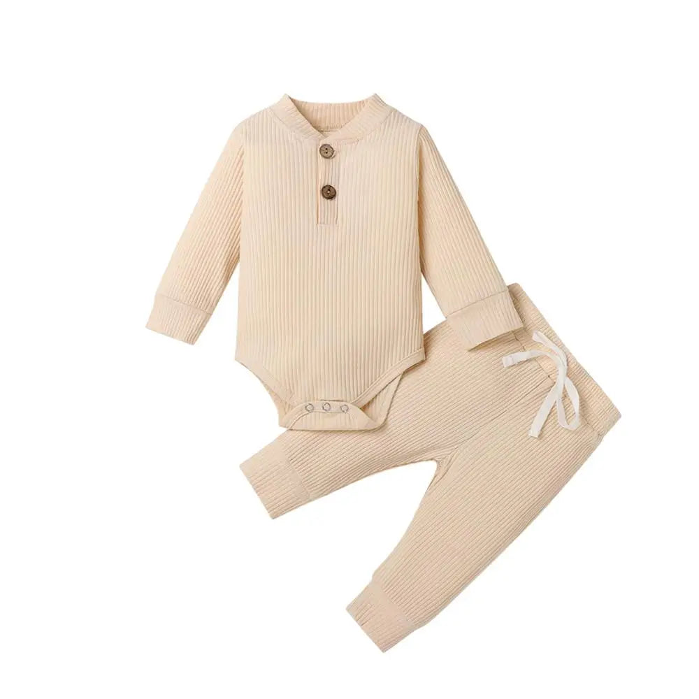Unisex Baby 2-Piece Outfit Set - Long-Sleeve Ribbed or Plaid Bodysuit with Elastic Pants for Spring & Autumn