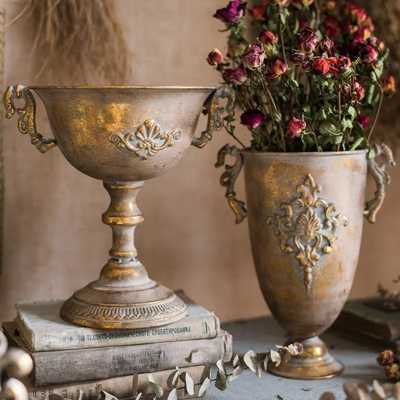 European Retro Iron Goblet Vase — Metal Flowerpot for Home, Living Room, Hotel & Flower Arrangement Decor