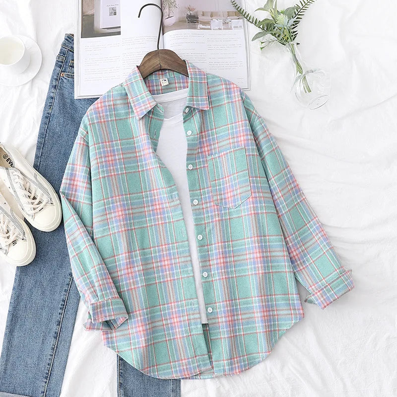 2025 Women’s Flannel Plaid Shirt – Casual Loose Cotton Long Sleeve Blouse, Designer Style Tops