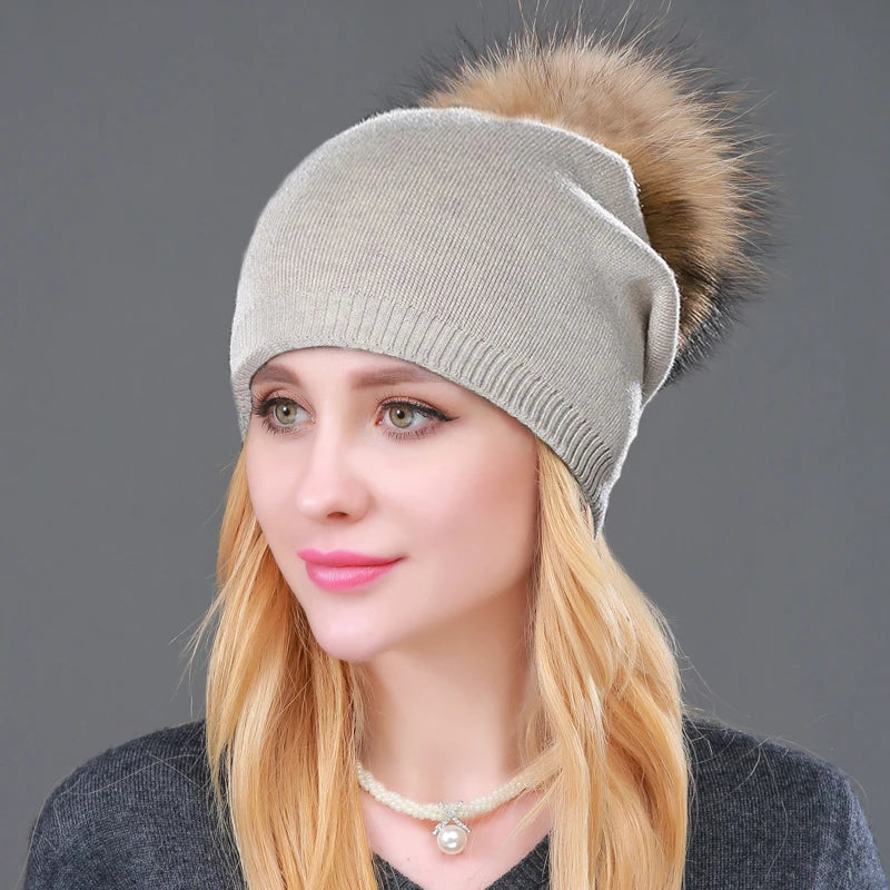 Autumn Winter Knitted Wool Hat for Women – Fashion Pompon Beanie with Genuine Raccoon Fur, Warm and Stylish Cap