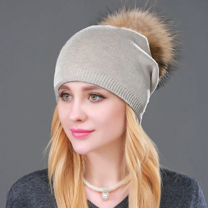 Autumn Winter Knitted Wool Hat for Women – Fashion Pompon Beanie with Genuine Raccoon Fur, Warm and Stylish Cap