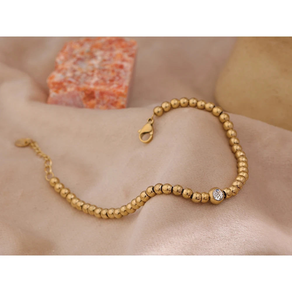 Yhpup Stainless Steel Bead Chain Bangle Bracelet – Gold Plated Cubic Zirconia Waterproof Fashion Jewelry for Women