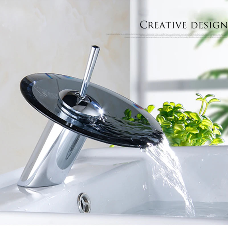 Colorful Glass Waterfall Bathroom Faucet – Chrome Deck Mounted Basin Sink Tap with Single Lever Mixer