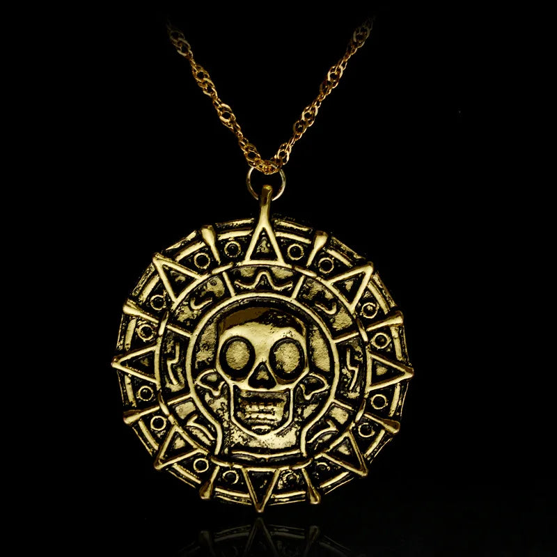 Caribbean Pirates Aztec Gold Coin Necklace – Retro Skull Pendant, Punk Hip Hop Movie Accessory
