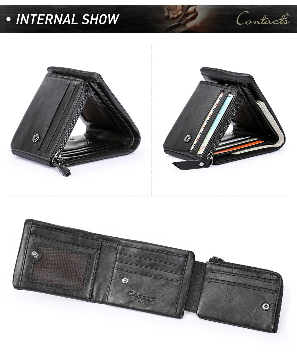 CONTACT'S Genuine Crazy Horse Leather Trifold Wallet – Vintage Men's Cowhide Wallet with Zip Coin Pocket