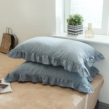 2 Pack 48x74cm Plaid Washed Cotton Pillowcases – Super Soft Ruffled Bedding Covers for Home & Dorm Decor