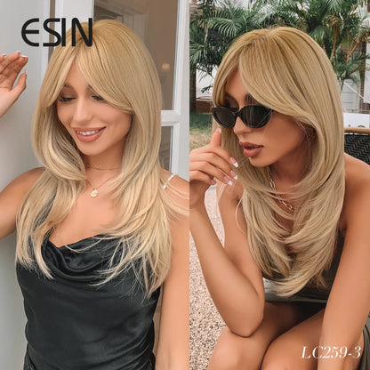 ESIN Synthetic Dark Brown Wig for Women - Long Wavy Wig with Bangs, Heat Resistant for Party & Daily Use