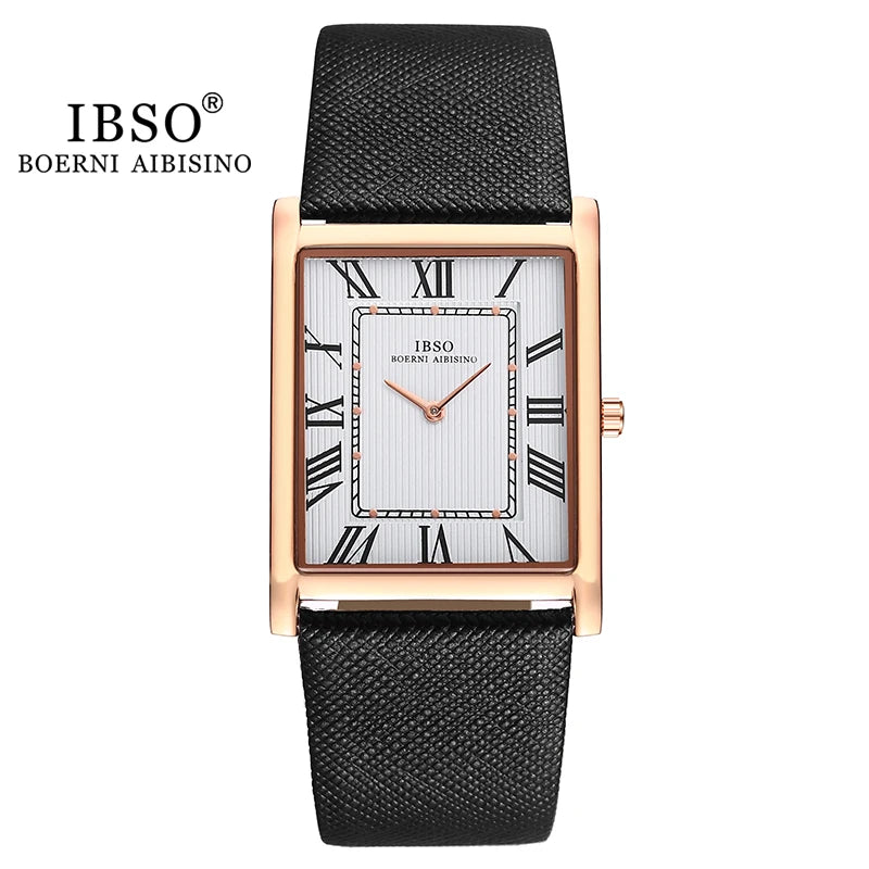 IBSO Ultra-Thin Rectangle Dial Men's Quartz Watch – Luxury Business Style, Genuine Leather Strap, Waterproof