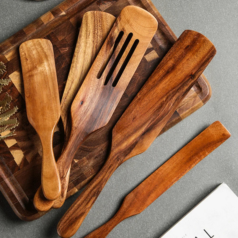 1-9pcs Teak Wood Tableware Set – Natural Wooden Cooking Spoons, Colander Spoon & Soup Skimmer Kitchen Tool Kit