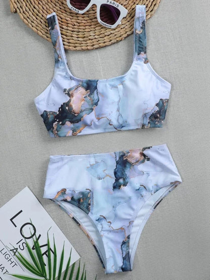 Women’s Marble Print Bandeau Bikini Set - Push Up High Waist Sport Swimsuit Beachwear
