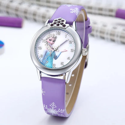New Princess Elsa Girls Watch – Cute Frozen Cartoon Wristwatch with Leather Strap, Kids Gift Clock