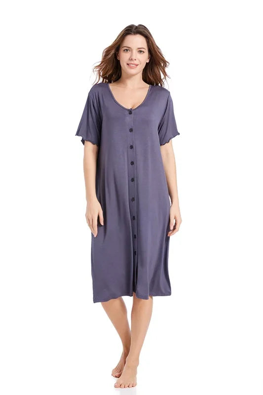 Women’s Modal Short-Sleeve Night Dress – Mid-Length Cotton Sleep Top with Buttons, Plus Size Pajamas
