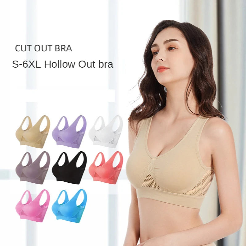 Women’s Hollow Out Sports Bra – Padded Seamless Yoga & Gym Top, M-6XL Athletic Vest