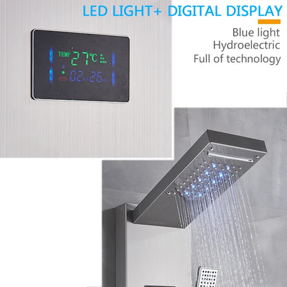 Brushed Nickel Bathroom Shower Column - Wall-Mounted Black LED Shower Panel with Digital Screen, 6 Modes & Rainfall Mixer Tap