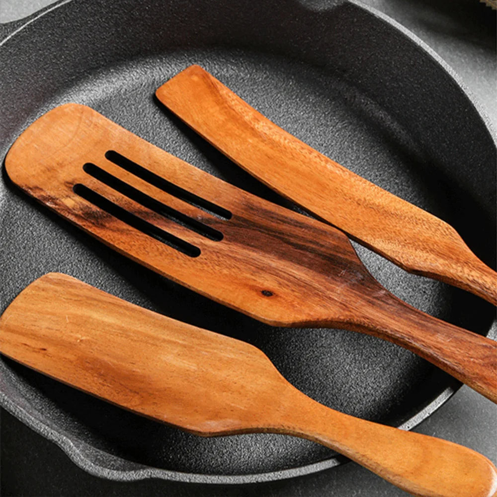 1-7pcs Teak Wood Tableware Set – Natural Wooden Spoons, Colander Spoon & Soup Skimmer Cooking Tool Kit