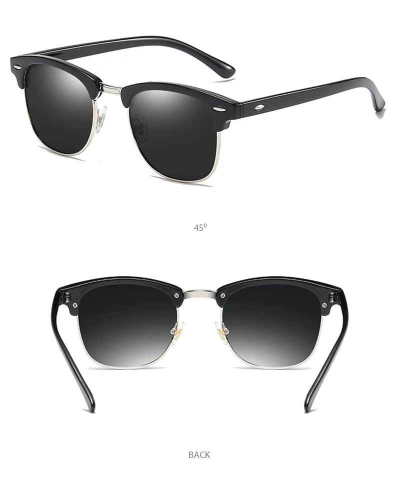 Classic Half Frame Polarized Sunglasses – Retro Rivet Design for Men & Women, Anti-Glare Black Travelling Shades