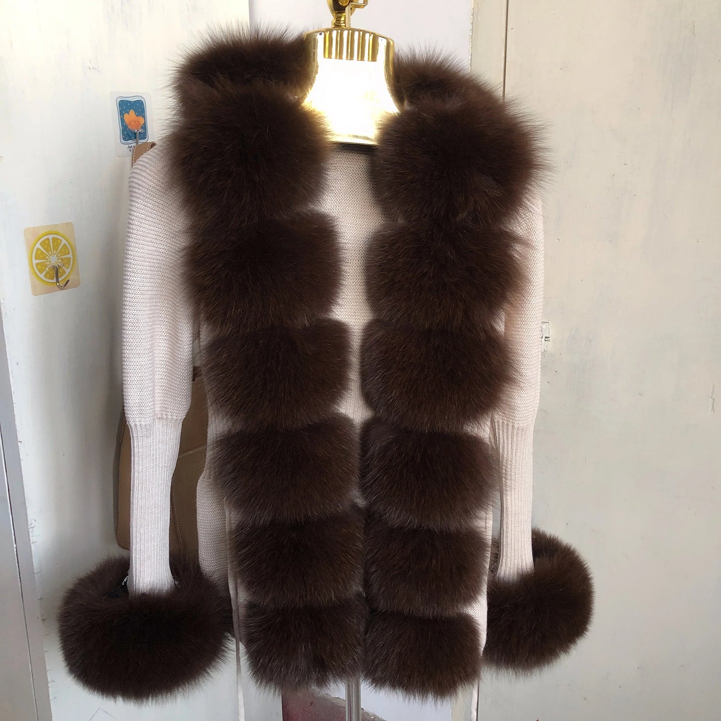 Women’s Spring & Autumn Sweater Cardigan – Real Fox Fur Collar Jacket, Natural Fur Outerwear