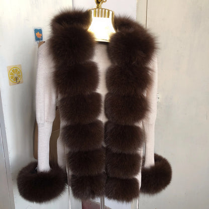 Women’s Spring & Autumn Sweater Cardigan – Real Fox Fur Collar Jacket, Natural Fur Outerwear