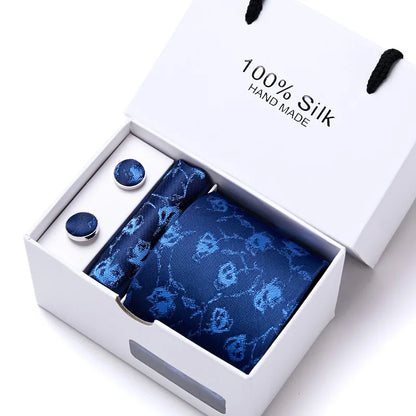100% Silk Men’s Tie Gift Set - Classic 7.5cm Striped Floral Necktie with Handkerchief for Office, Party & Wedding Formal Wear