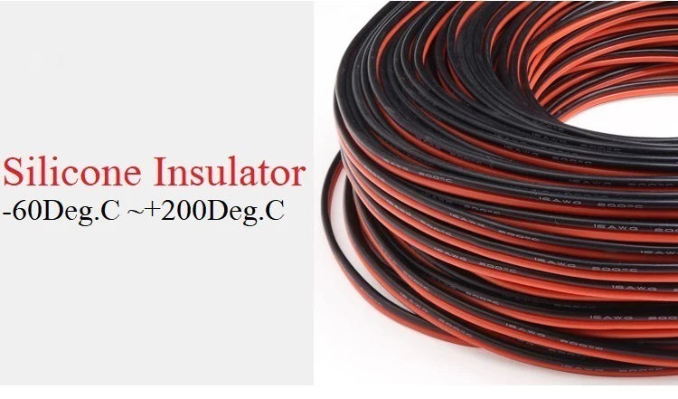 1/2/5M Copper Silicone Rubber Wire – Flexible 30 to 10 AWG 2-Pin DIY LED Connector Cable, Black & Red