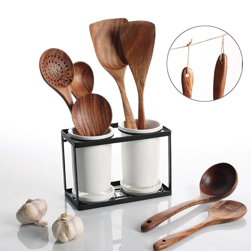 1-9pcs Teak Wood Tableware Set – Natural Wooden Cooking Spoons, Colander Spoon & Soup Skimmer Kitchen Tool Kit
