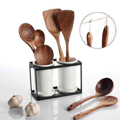 1-9pcs Teak Wood Tableware Set – Natural Wooden Cooking Spoons, Colander Spoon & Soup Skimmer Kitchen Tool Kit