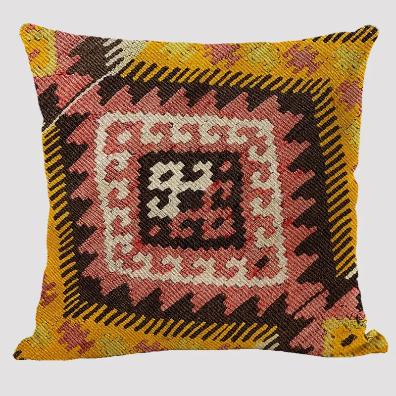Bohemian Linen Cushion Cover – Multicolor Ethnic Geometric Pattern Decorative Pillow for Living Room Sofa