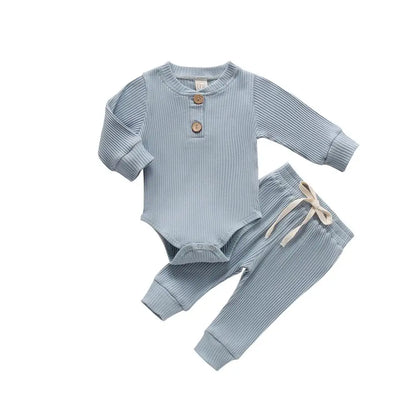 Unisex Baby 2-Piece Outfit Set - Long-Sleeve Ribbed or Plaid Bodysuit with Elastic Pants for Spring & Autumn