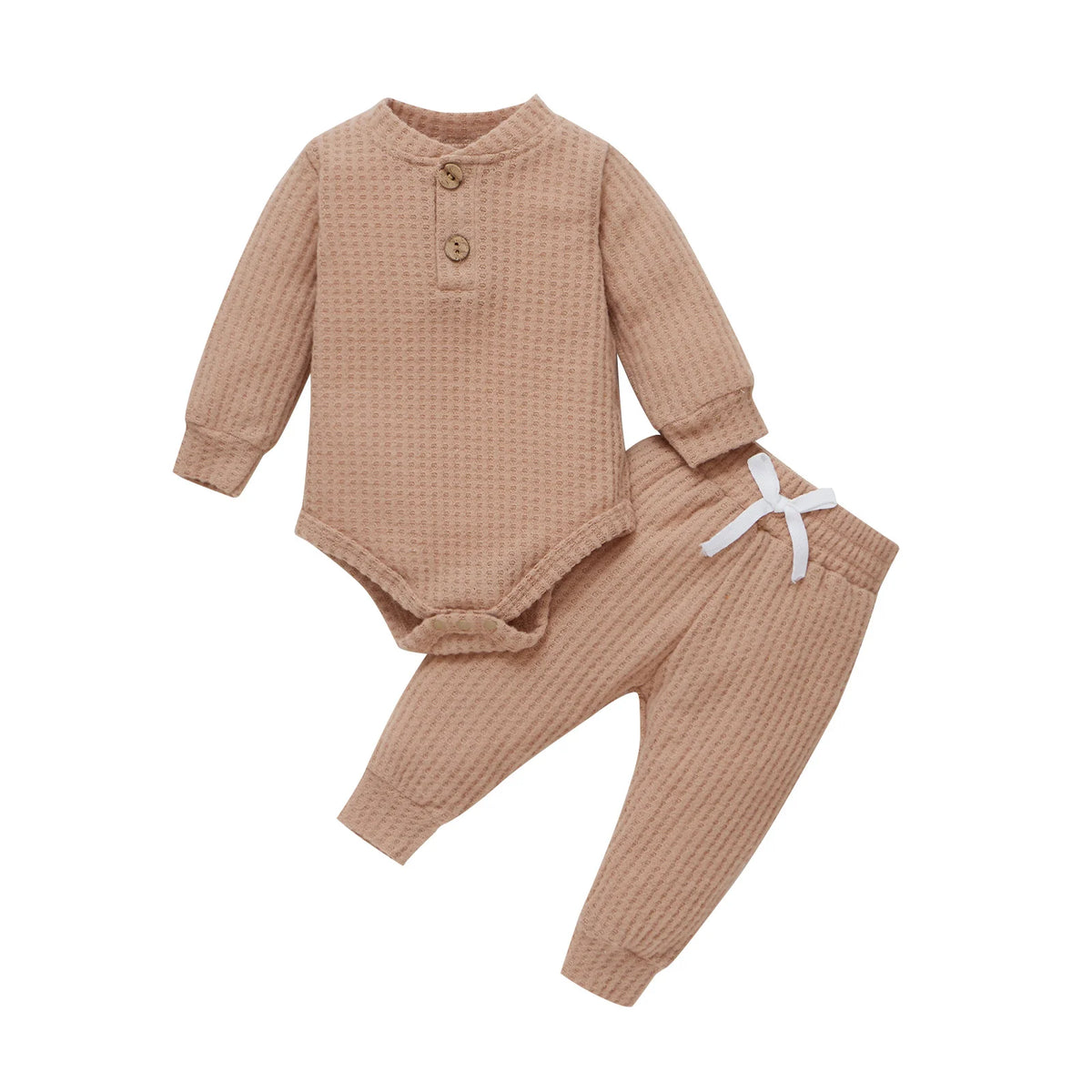 Unisex Baby 2-Piece Outfit Set - Long-Sleeve Ribbed or Plaid Bodysuit with Elastic Pants for Spring & Autumn