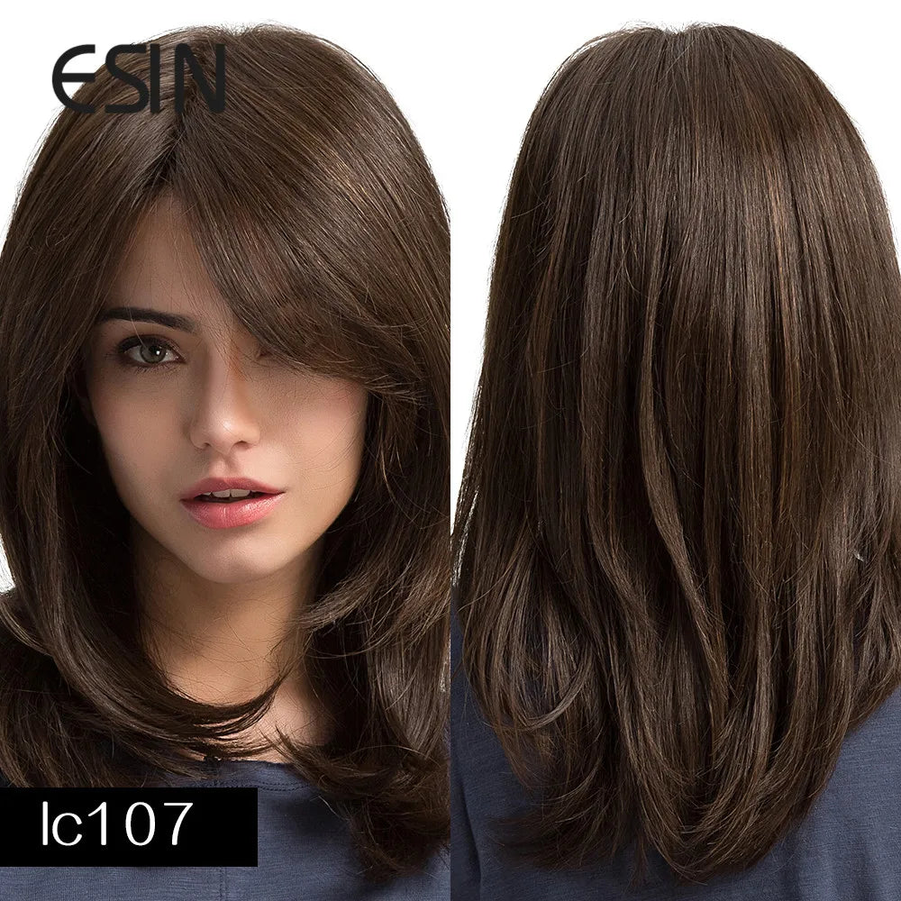 ESIN Synthetic Dark Brown Wig for Women - Long Wavy Wig with Bangs, Heat Resistant for Party & Daily Use
