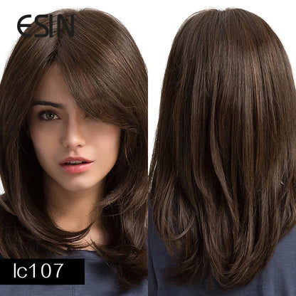 ESIN Synthetic Dark Brown Wig for Women - Long Wavy Wig with Bangs, Heat Resistant for Party & Daily Use