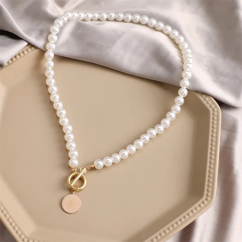 Vintage Pearl Choker Necklace for Women - Wedding Coin Lock Pendant Chain Jewelry & Party Gift