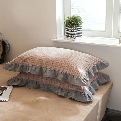 2 Pack 48x74cm Plaid Washed Cotton Pillowcases – Super Soft Ruffled Bedding Covers for Home & Dorm Decor